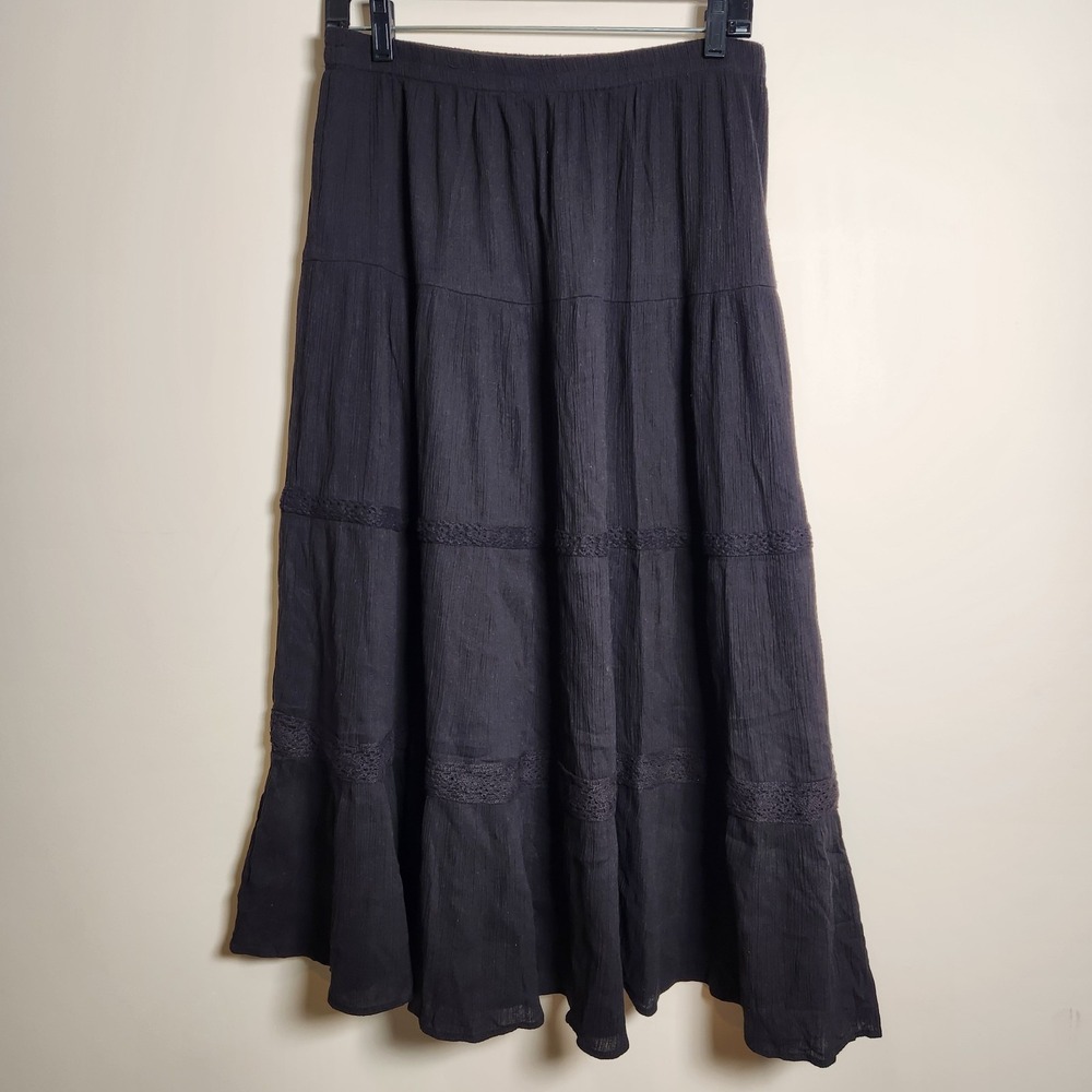 Elementz Black Tiered Maxi Skirt M Y2K Boho Crochet Trim Cotton